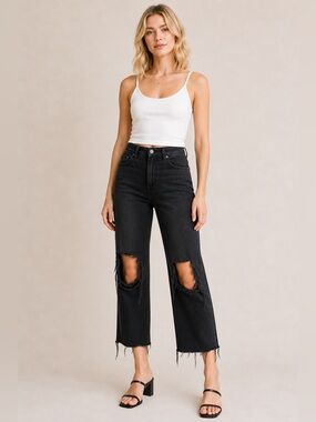 Vervet Black Distressed Jeans Size 30 High Rise Raw Hem Cropped
